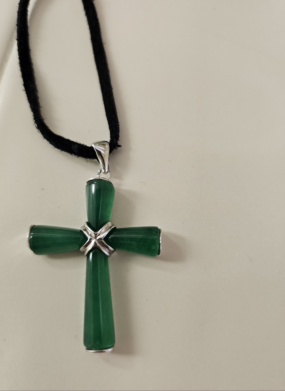 Jade Cross Necklace And Pendant On Black Leather Cord  OS